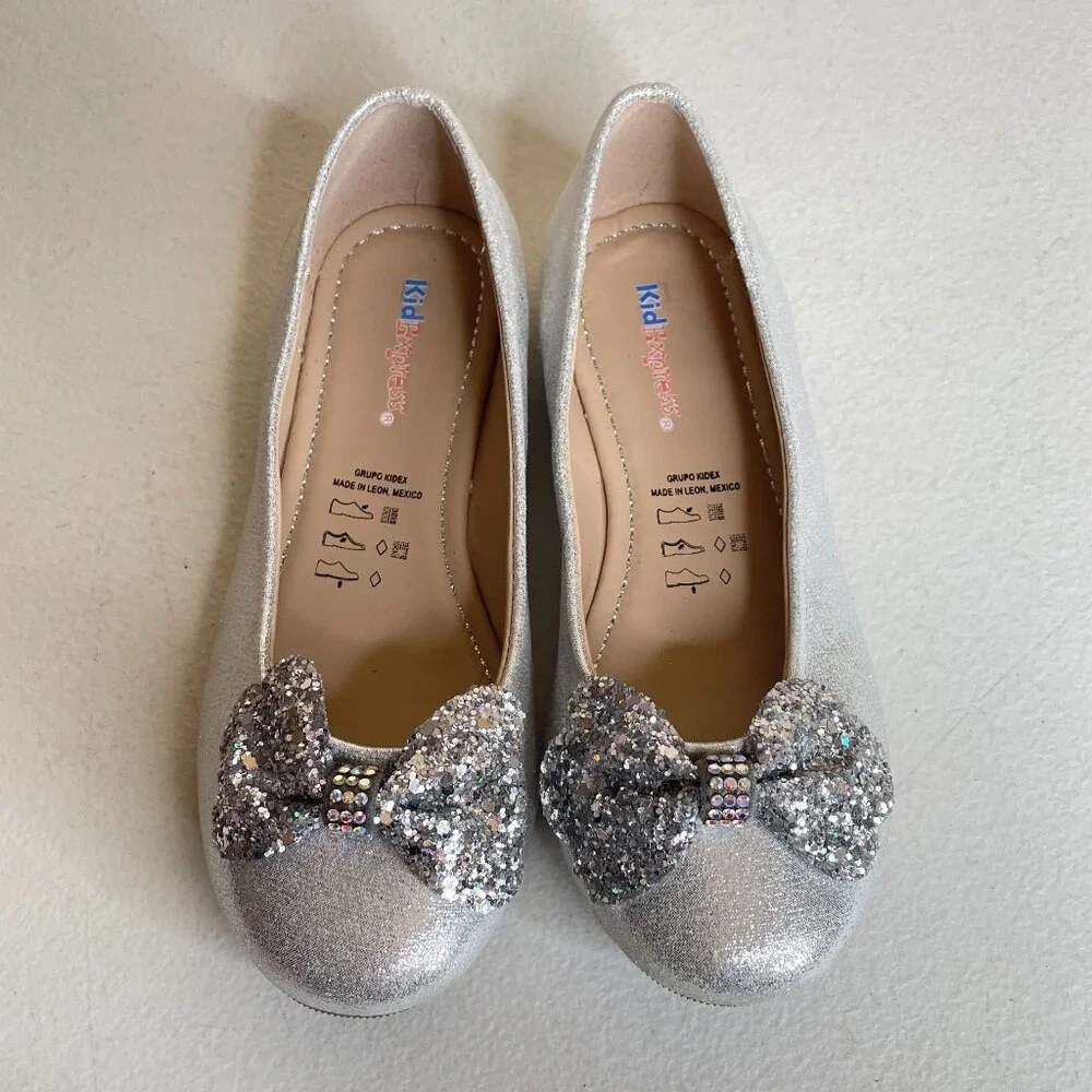 KidExpress Silver Glitter Bow Ballet Flats Size EU 31